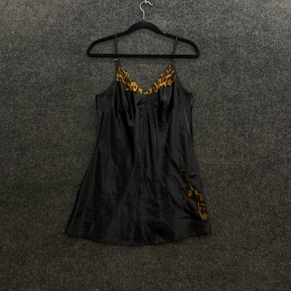 Baby Phat Intimates Vintage Y2K Black Satin Leopard Print Cat Slip Dress Large